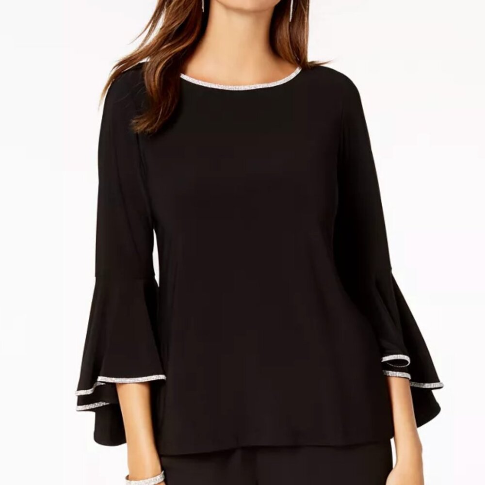 MSK Rhinestone-Trim Bell-Sleeve Top & Wide-Leg Pants Set